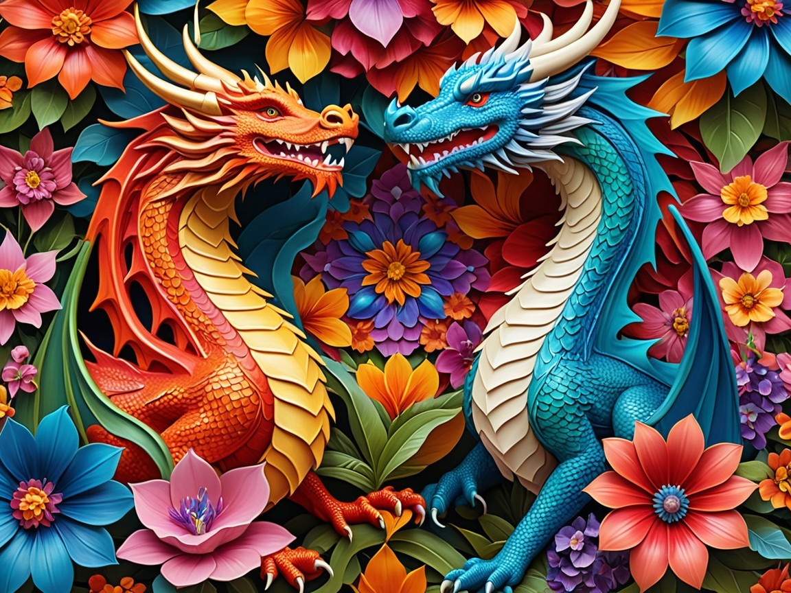 Dragons in Vivid Colors Surrounded by Colorful Flowers