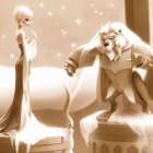 Elegant Woman and Lion in Dreamy Sepia Scene