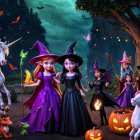 Witches Gather in a Moonlit Forest with Magical Creatures