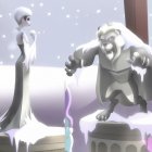 Ice Queen and Lion Statue in Snowy Winter Scene