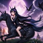 Young woman on black unicorn under a glowing moon
