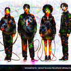 Four Individuals in Dark Outfits with Abstract Patterns