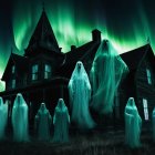 Eerie House with Ghostly Figures and Auroras