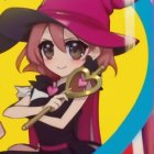 Cheerful anime character in witch hat and heart staff