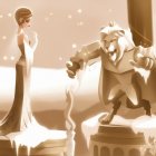 Elegant woman in flowing gown by majestic lion statue