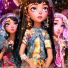 Stylized young women in vibrant floral outfits in magic setting