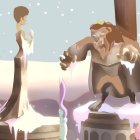 Stylized Illustration of Woman and Beast Encounter