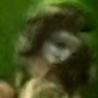 Blurred Figure with Ethereal Expression on Green Background