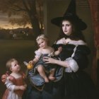 Witch and Girls Celebrate Halloween with Pumpkins