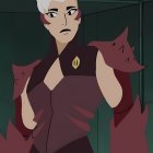 Fictional character with white hair and bold outfit