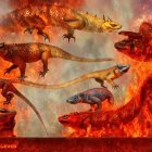 Stylized lizards against a fiery backdrop illustration