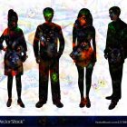 Figures with Colorful Patterns Against Abstract Background