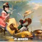 Whimsical Scene of Woman in Pink Gown and Dolphins