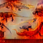 Dramatic Dinosaurs and Reptiles in Fiery Landscape