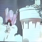 Dynamic superheroine soaring above a fortress in clouds