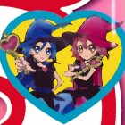 Cheerful anime characters in magical attire within a heart frame