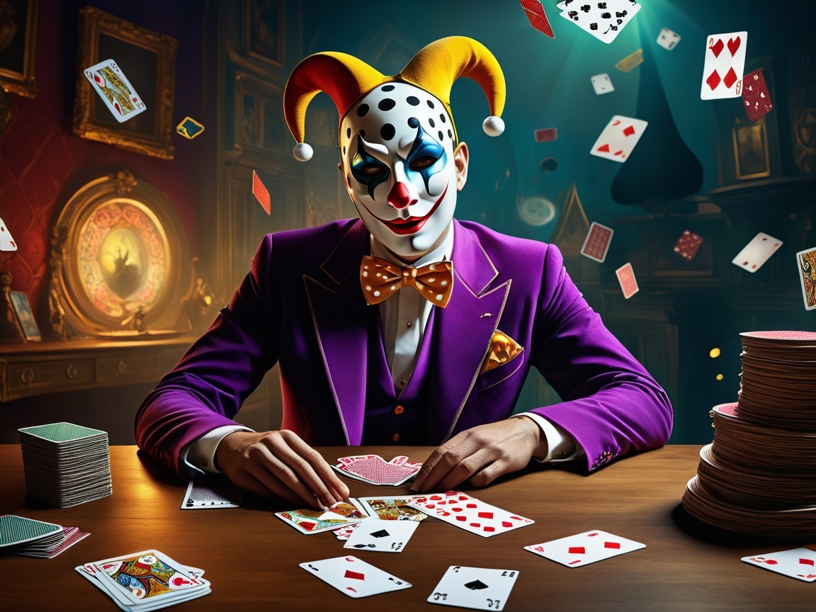 Mysterious Clown in Purple Suit Surrounded by Cards