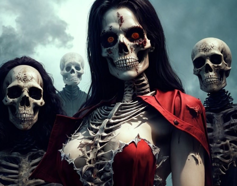 Female Skeleton in Tattered Cloak with Eerie Surroundings