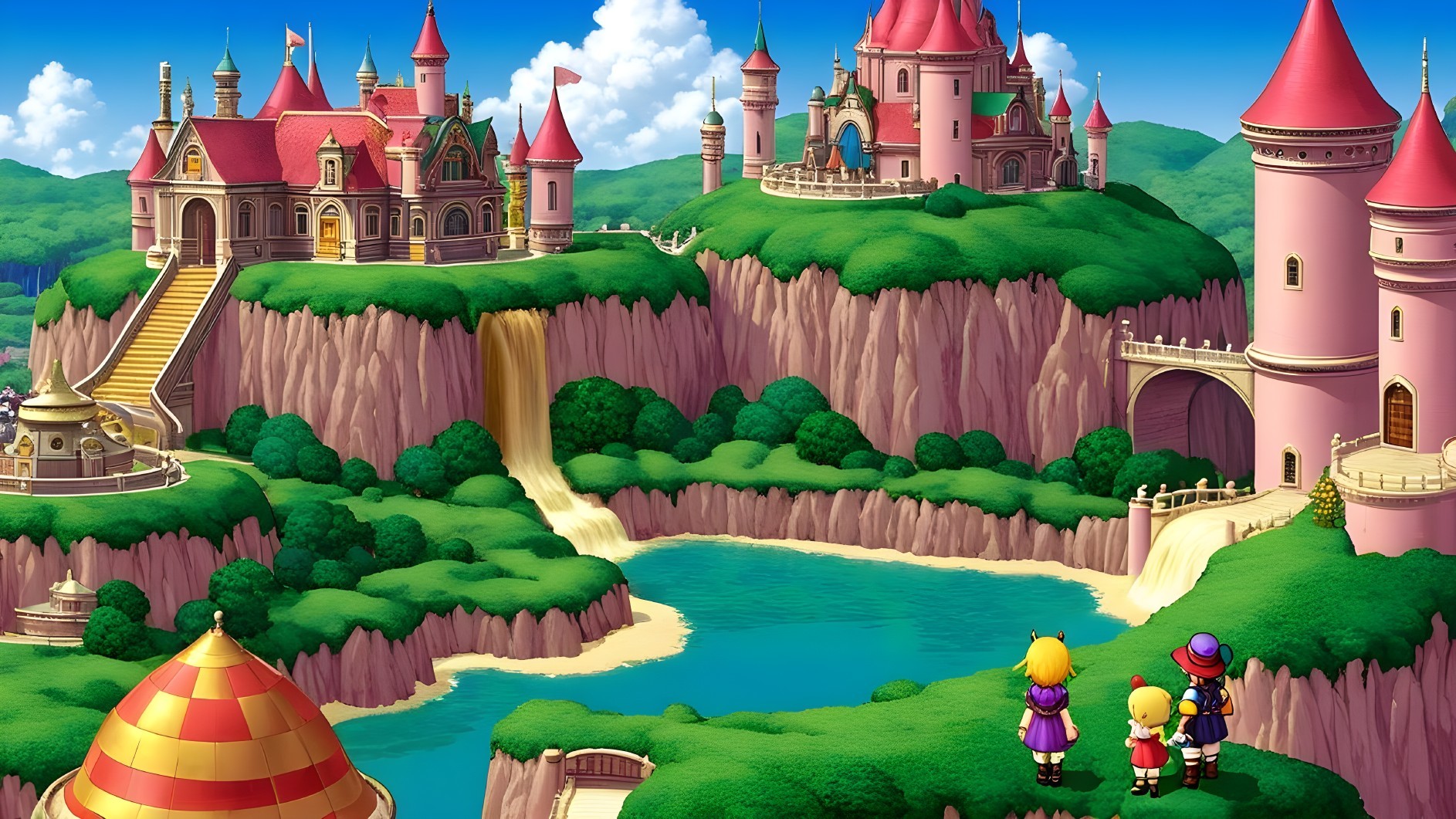 Whimsical Landscape with Castles and Waterfall Scene