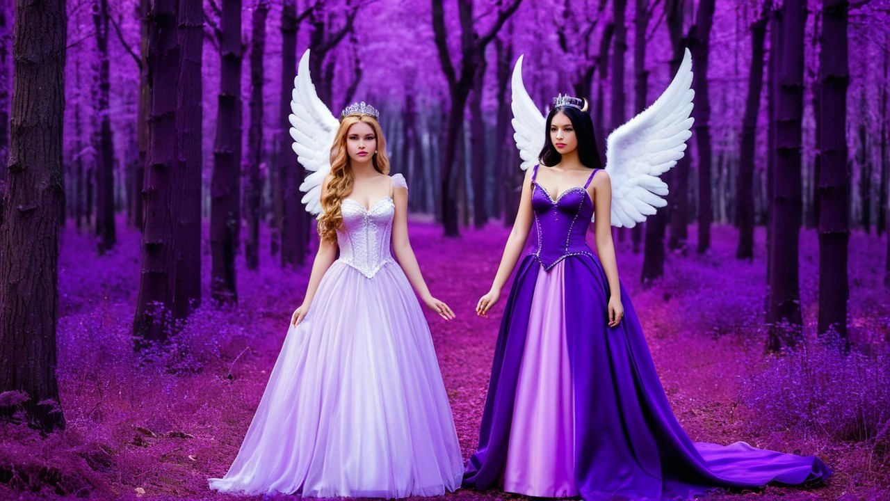 Elegant Figures in a Mystical Purple Forest Scene