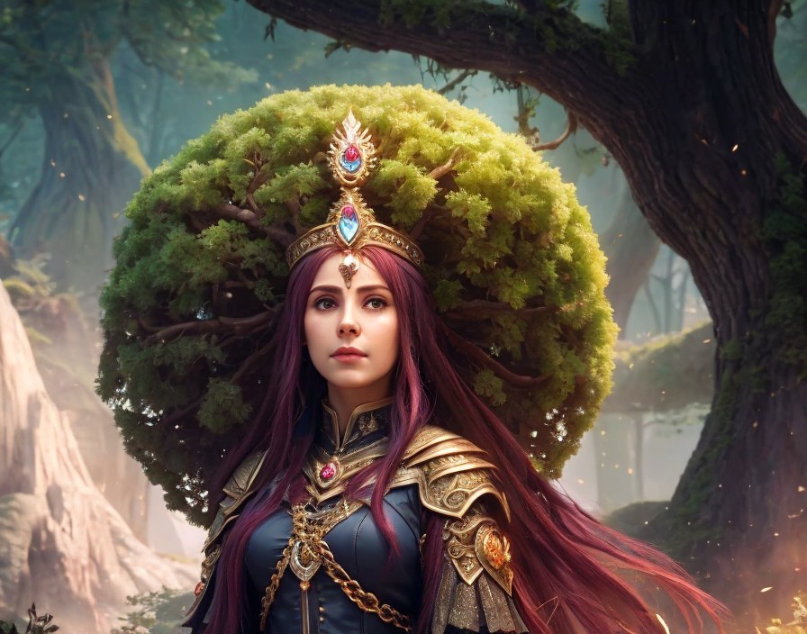 Majestic character in lush forest with ornate armor