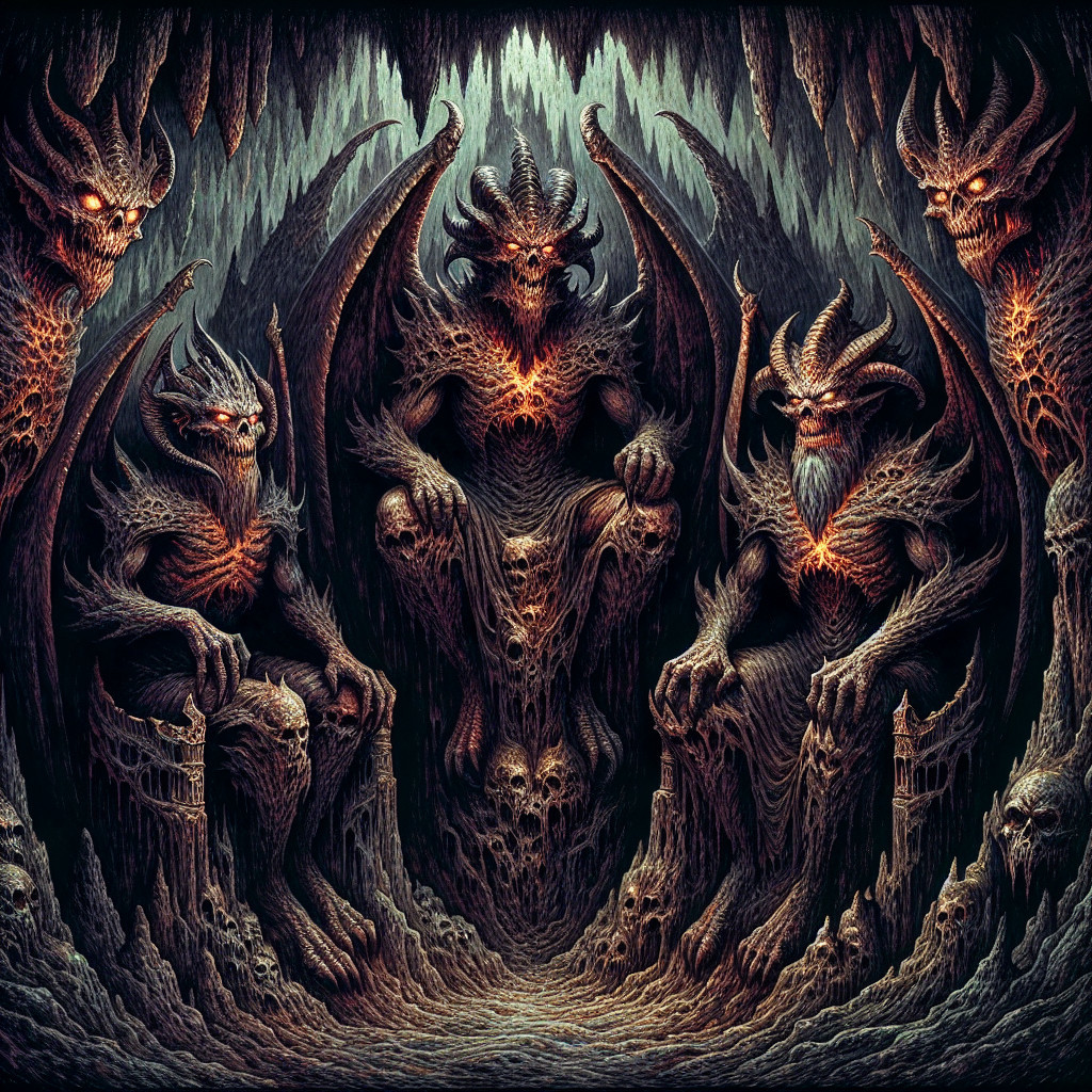 Three Malevolent Figures on Thrones in Dark Cavern