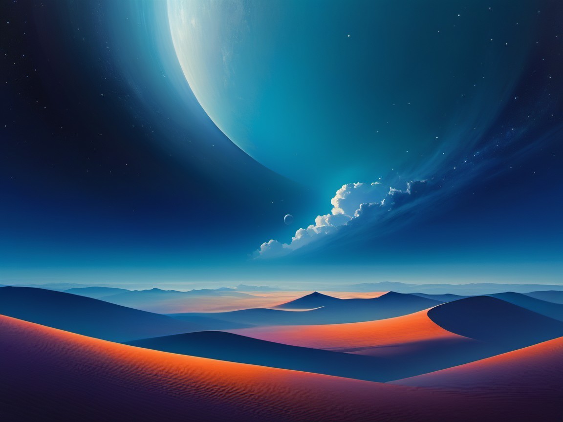 Vibrant Alien Landscape with Blue Planet and Mountains