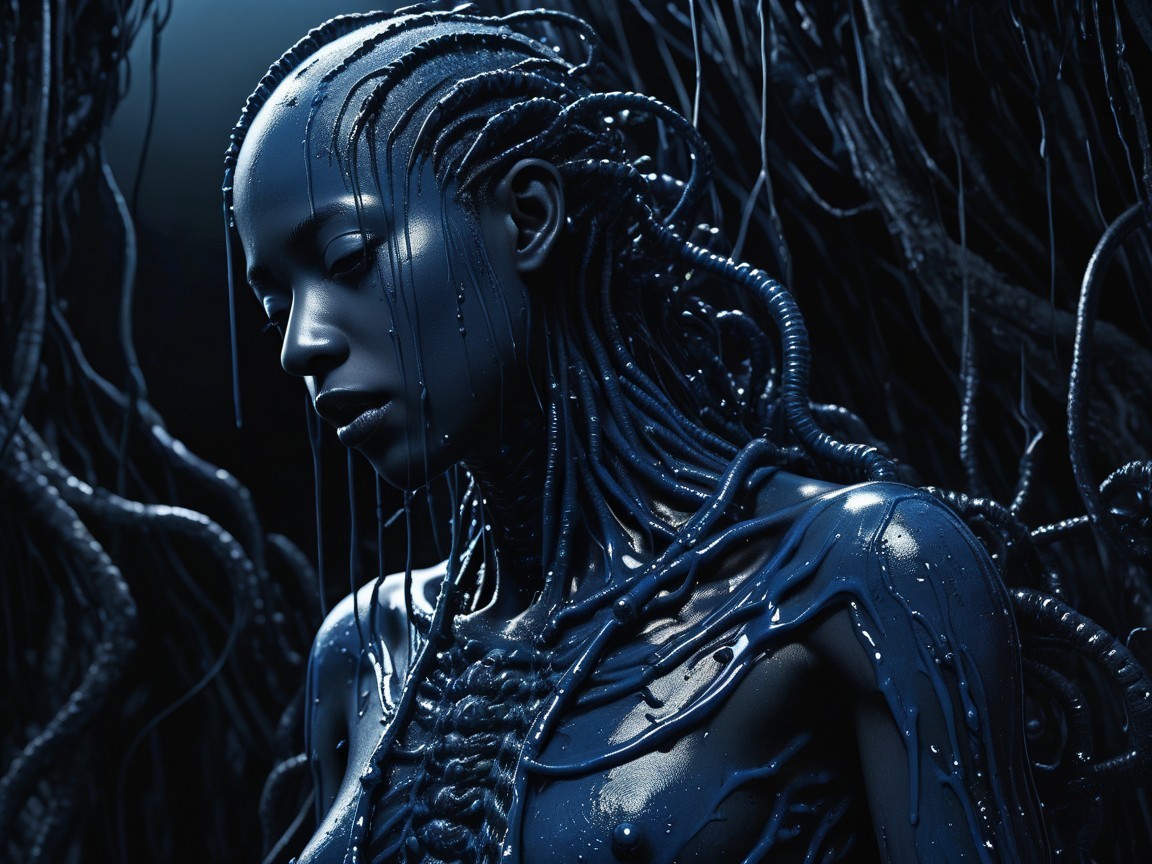 Futuristic figure with mechanical and human features