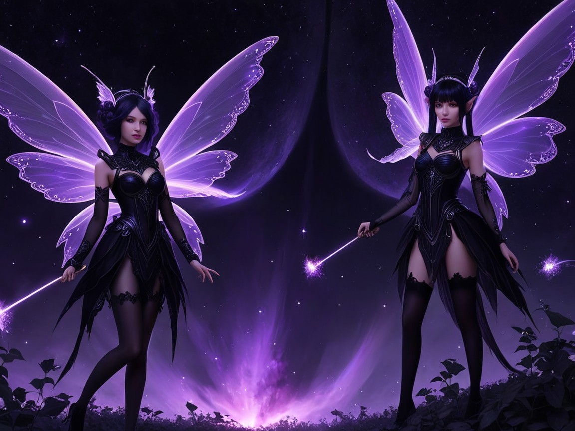 Fairies with Purple Wings in a Mystical Night Scene