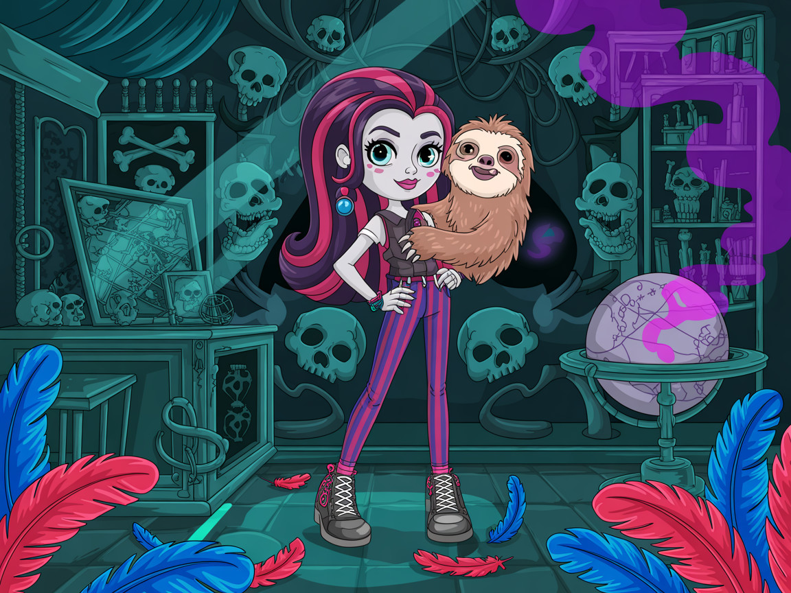 Stylish girl with purple hair in a dimly lit room
