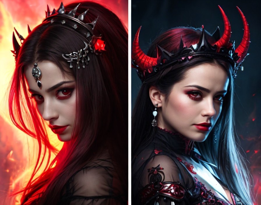 Dual Portrait of a Woman with Dark Hair and Red Eyes