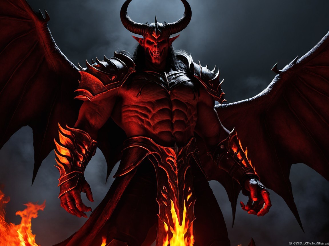 Muscular Demon in Dark Armor Surrounded by Flames