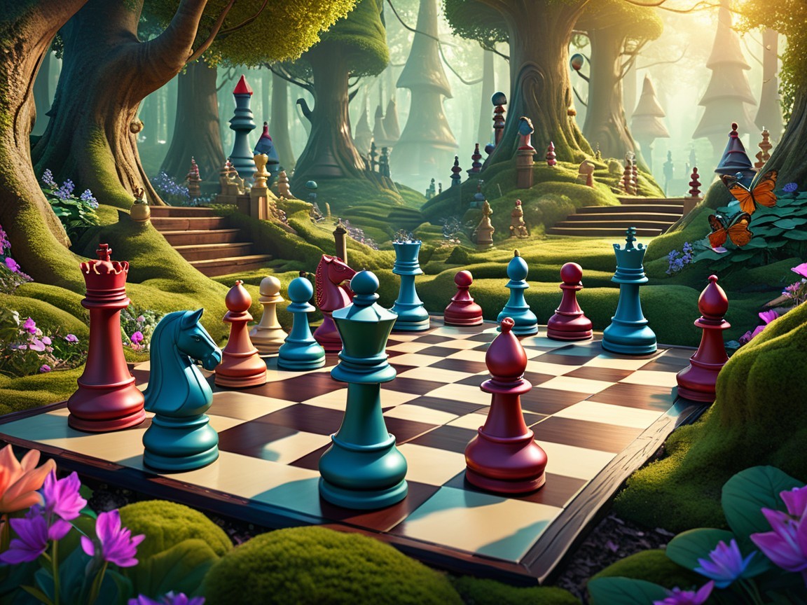 Whimsical Chessboard in a Colorful Forest Setting