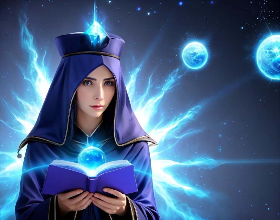 Mystical Figure in Blue Robe with Glowing Orb and Book
