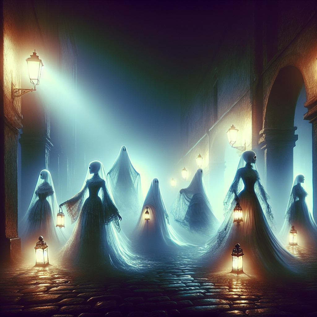 Ethereal Figures with Lanterns in Misty Street Scene