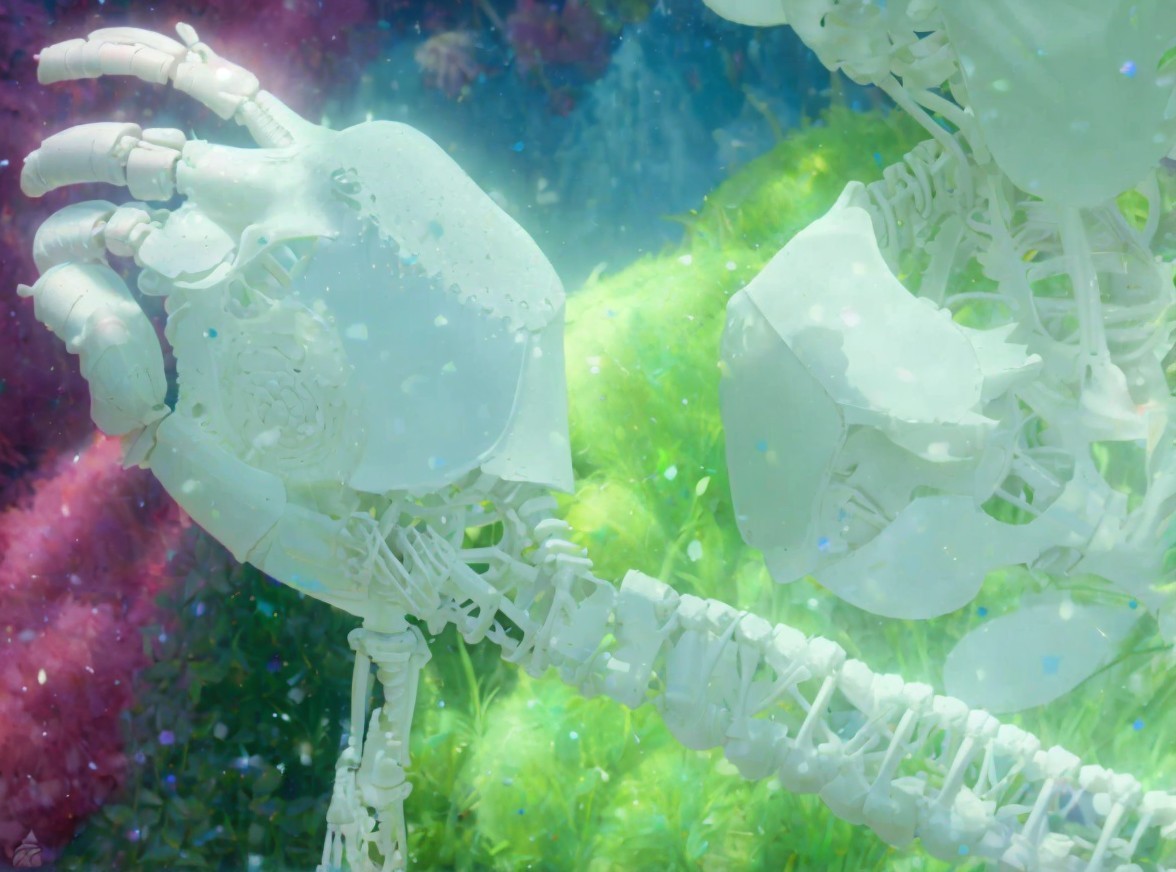 Translucent Skeleton Figure in Vibrant Ethereal Setting