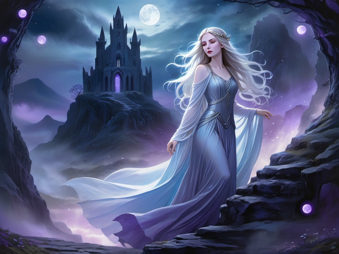 Mystical Night Scene with Woman and Dark Castle