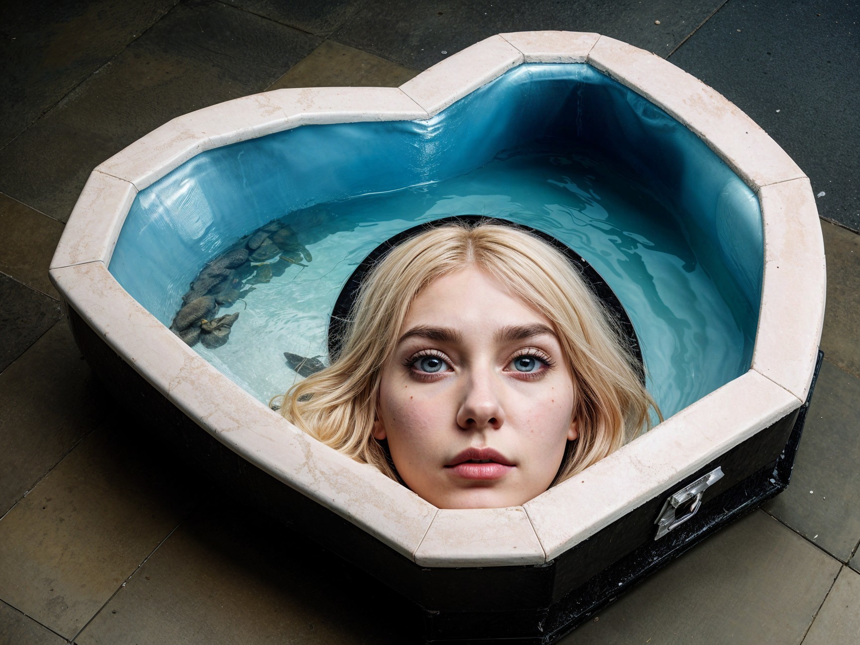 Young Woman in Heart-Shaped Pool with Clear Blue Water