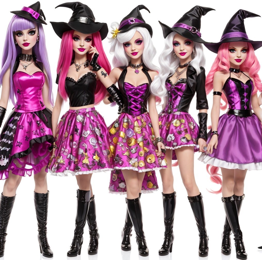 Five Colorful Witch-Themed Dolls in Stylish Outfits