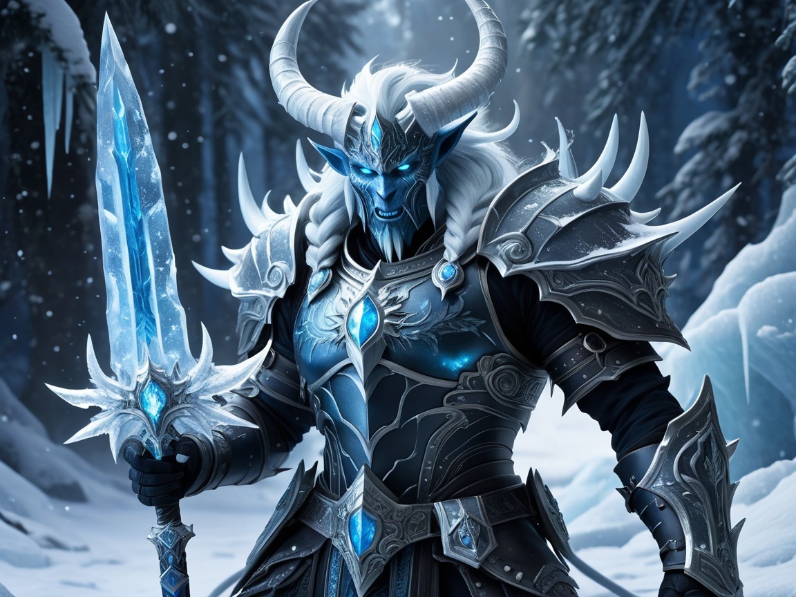 Fierce warrior in dark armor with icy blue gems