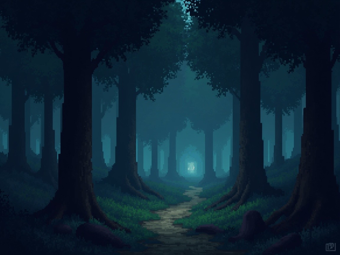 Pixel-Art Twilight Forest Scene with Winding Path