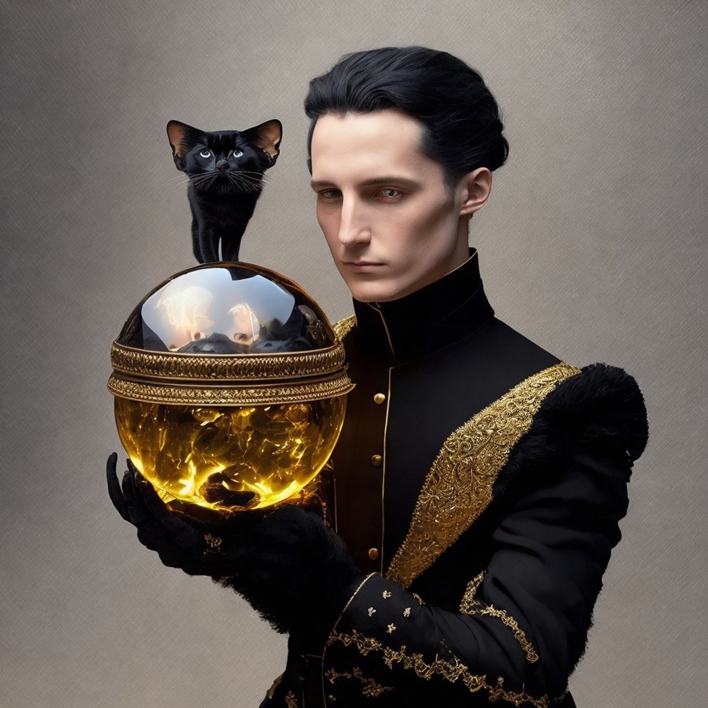 Ornate Black Attire with Golden Orb and Cat Presence