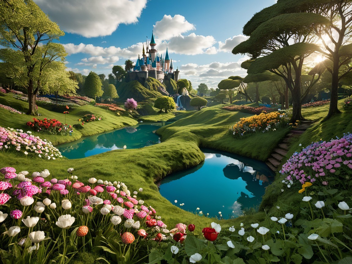 Fairy-Tale Castle on a Green Hill Landscape