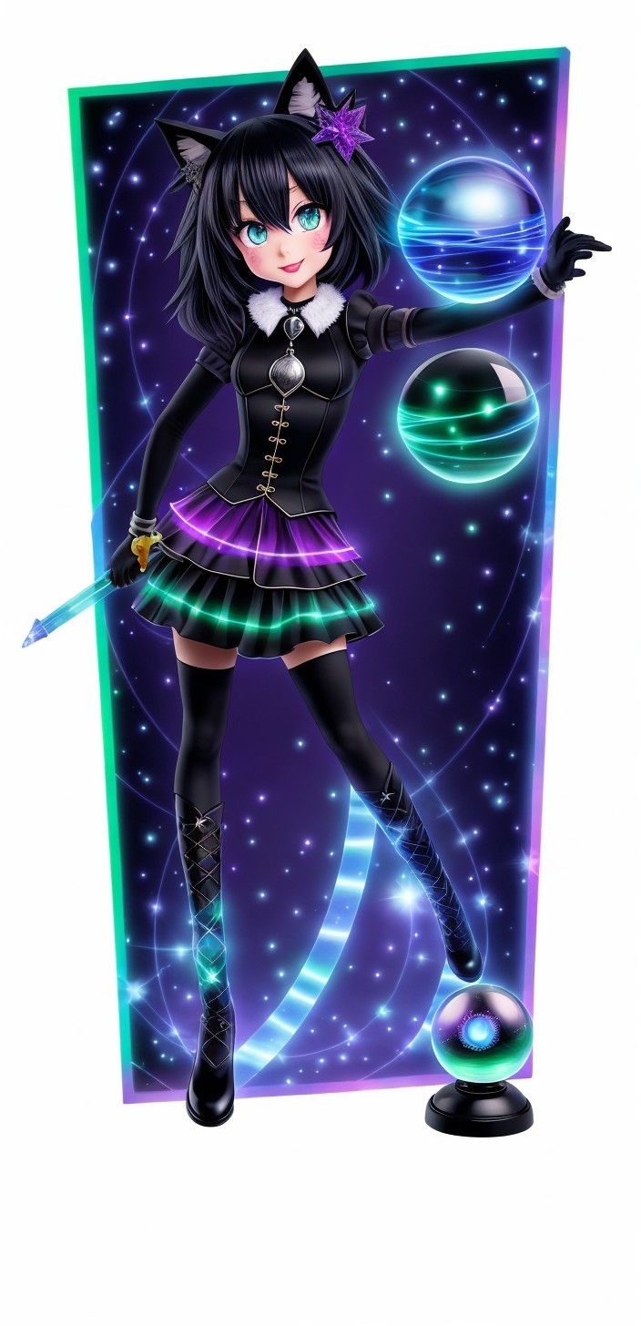 Stylized character with cat ears and cosmic background