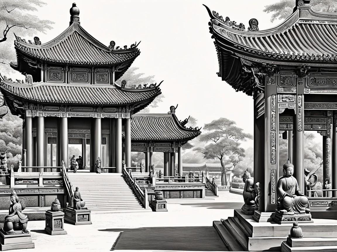 Intricate Black-and-White Illustration of Asian Architecture