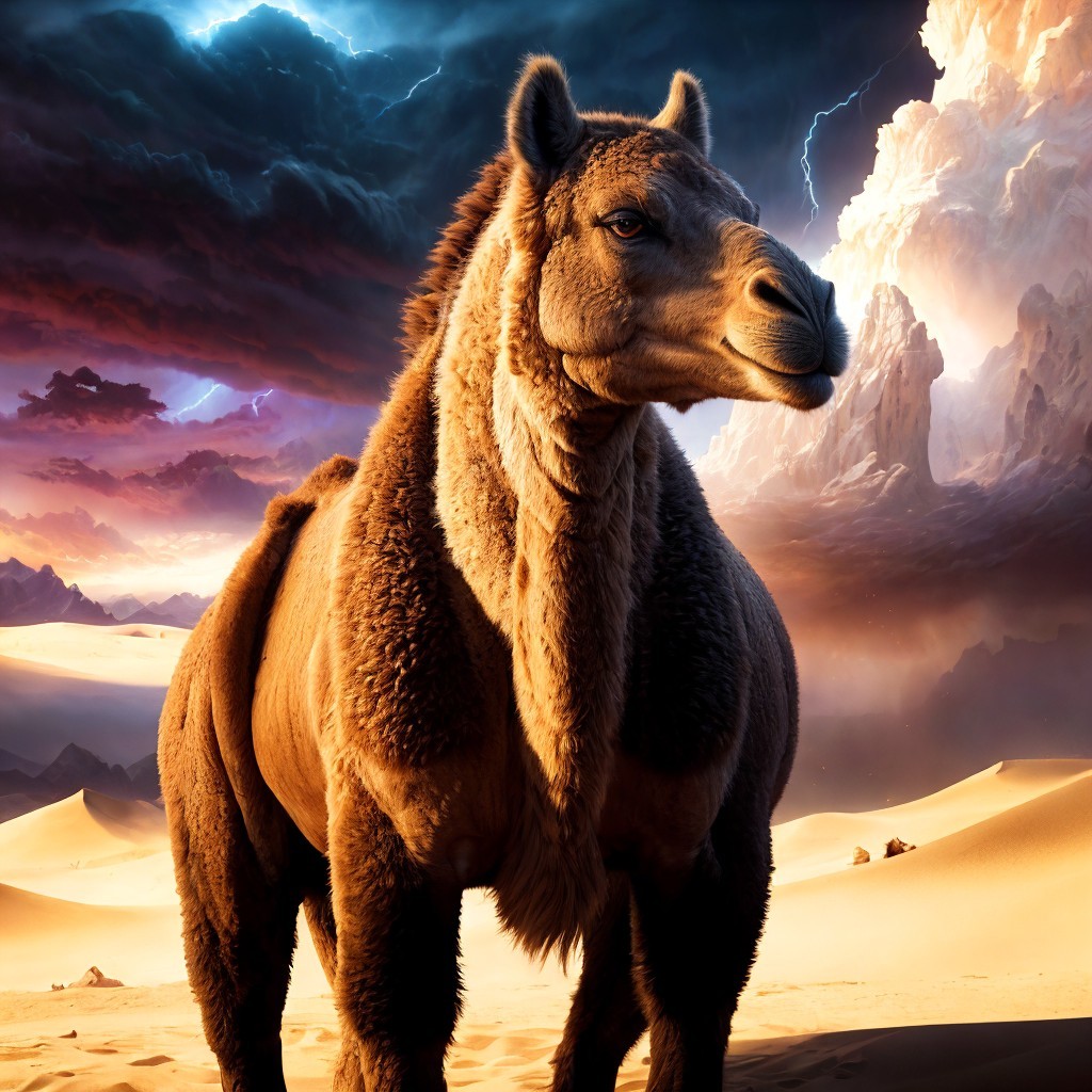 Camel in Desert Landscape at Sunset with Dramatic Clouds