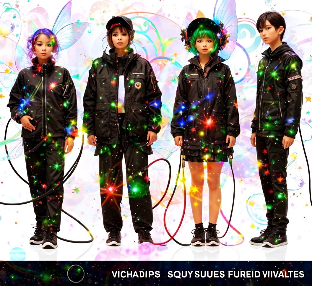 Four individuals in black outfits with colorful hair