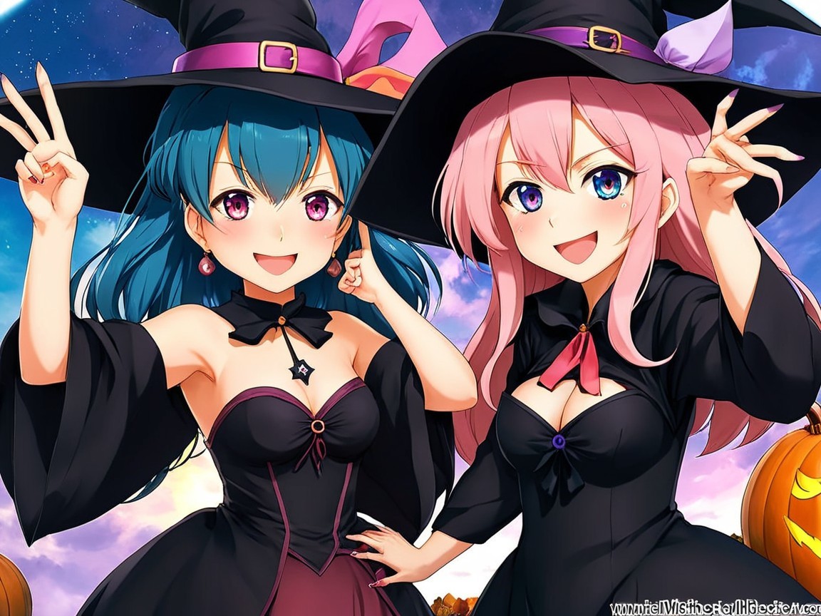 Cheerful witches in stylish gowns with Halloween decor