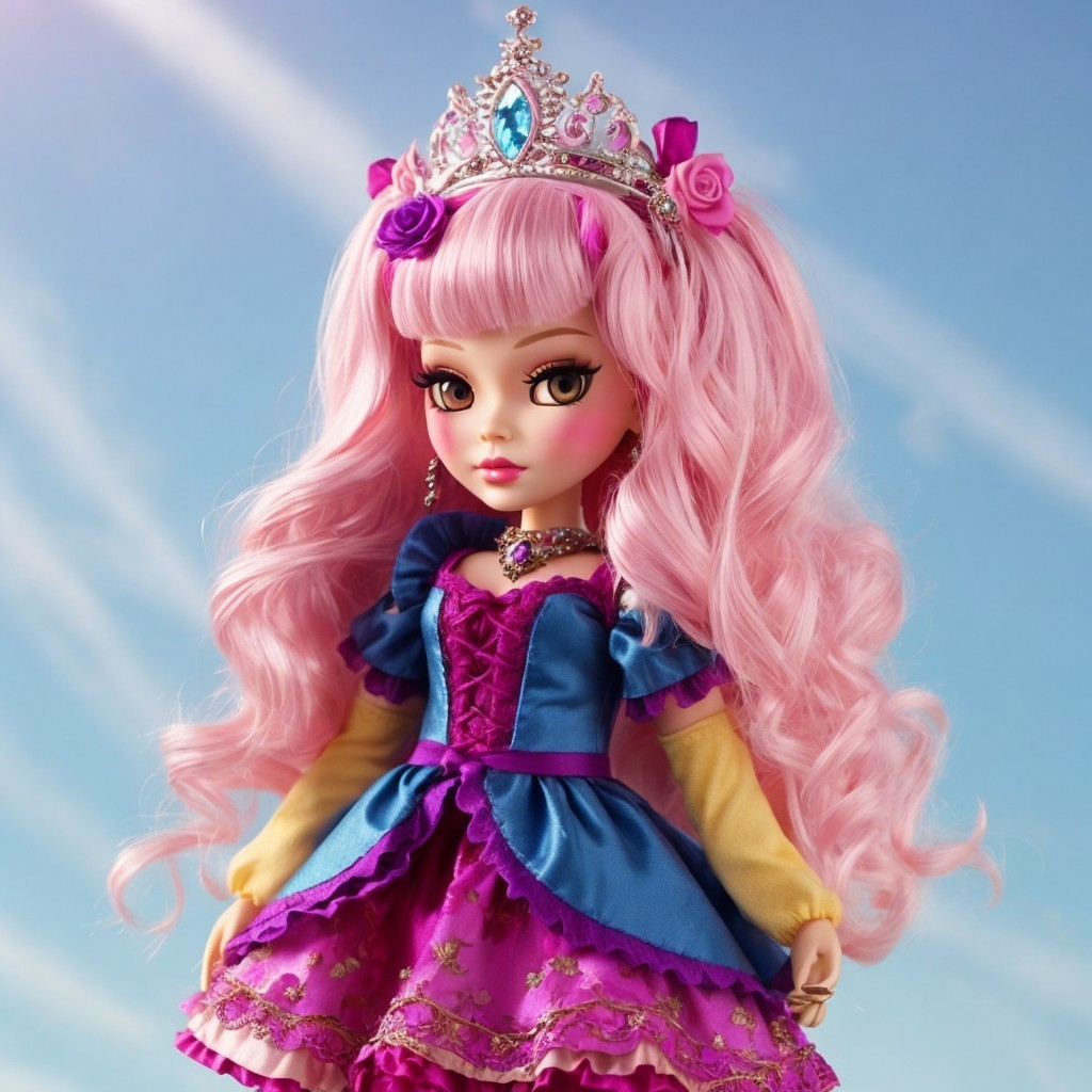 Doll with Pink Hair and Vibrant Gown Against Sky