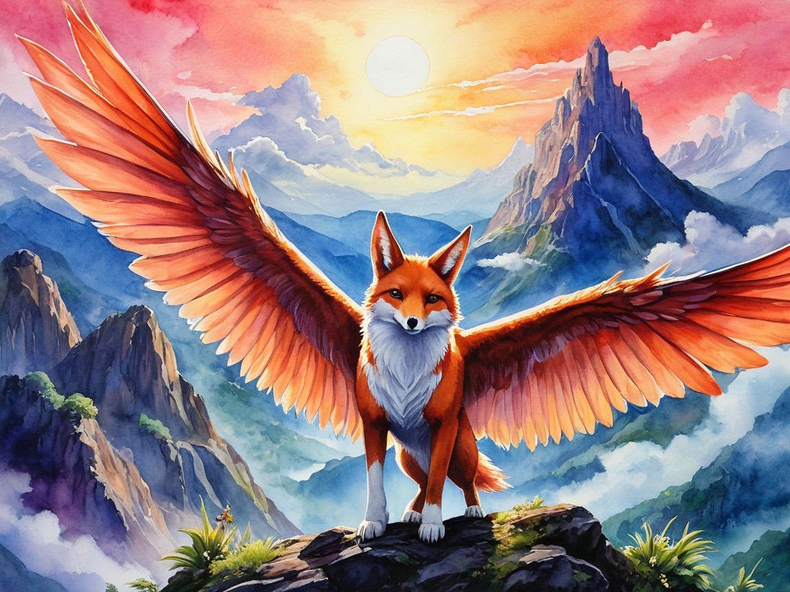 Majestic fox with wings at sunset over mountains